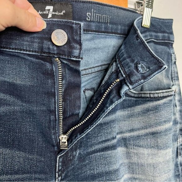 7 For All Mankind Mens Size 33 Slimmy Jeans FLAW Distressed Denim Dark Wash - Picture 9 of 13